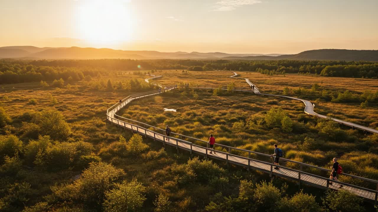 A Tranquil Sunset Over a Winding Boardwalk: Nature Walkers Enjoying the Scenic Landscape Surrounded by Lush Foliage and Gentle Hills