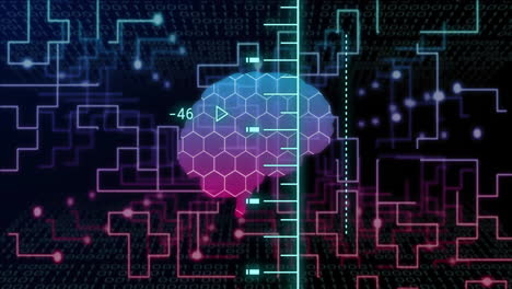 animation of human brain and digital data processing over black background