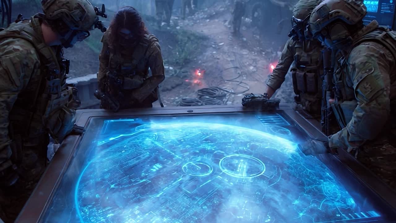 Personale militare che elabora strategie su un display olografico avanzato di notte