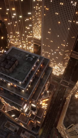 aerial view of a city at night with skyscrapers and street lights