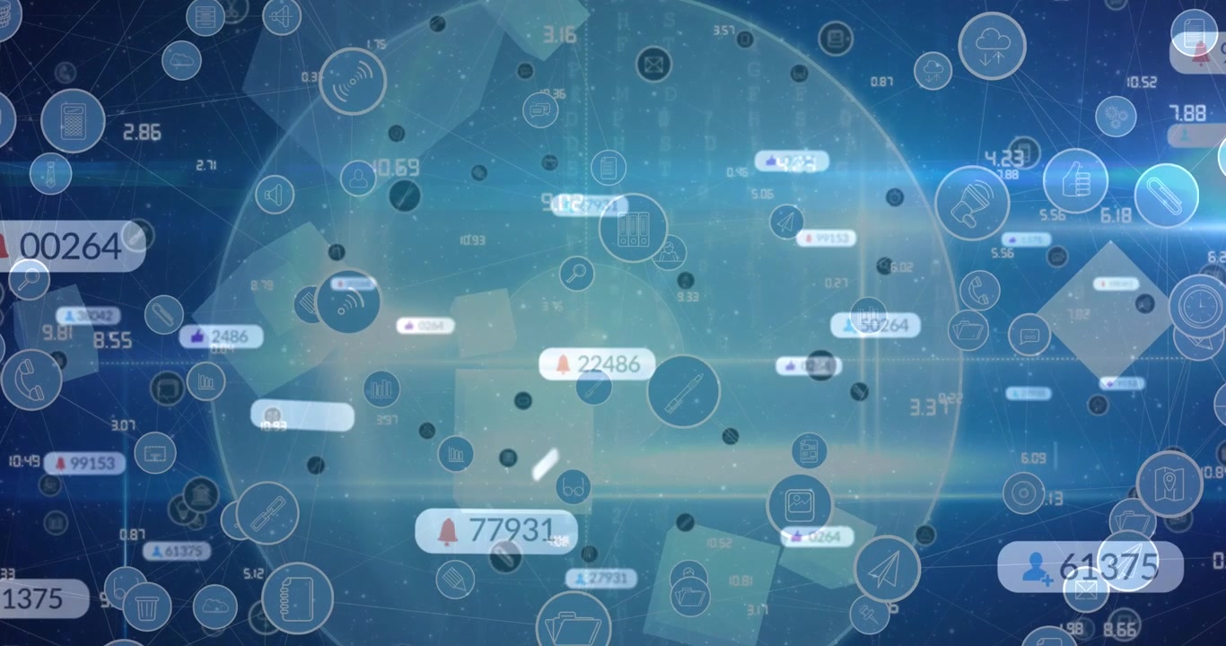 Network of digital icons over globe against blue background