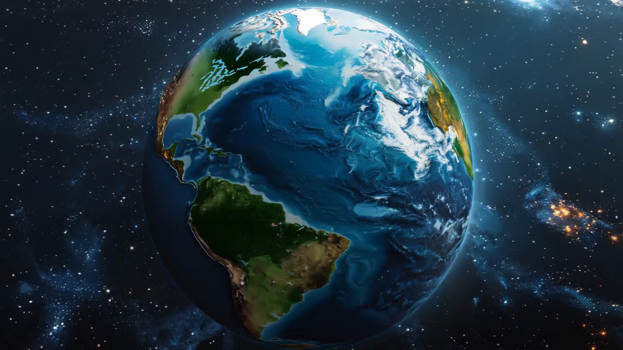 A large blue and green planet in space. The planet is surrounded by stars and the sky is dark