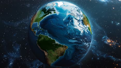a large blue and green planet in space. the planet is surrounded by stars and the sky is dark