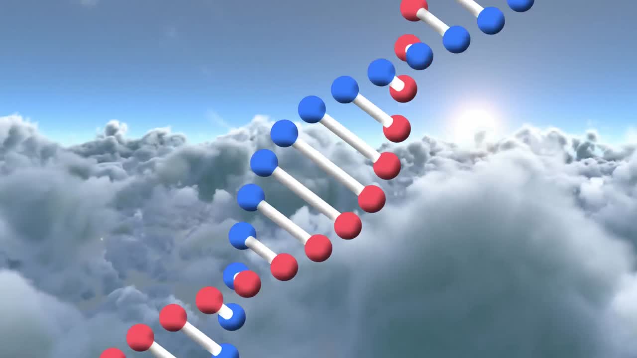 animación de una cadena de adn girando sobre nubes y cielo