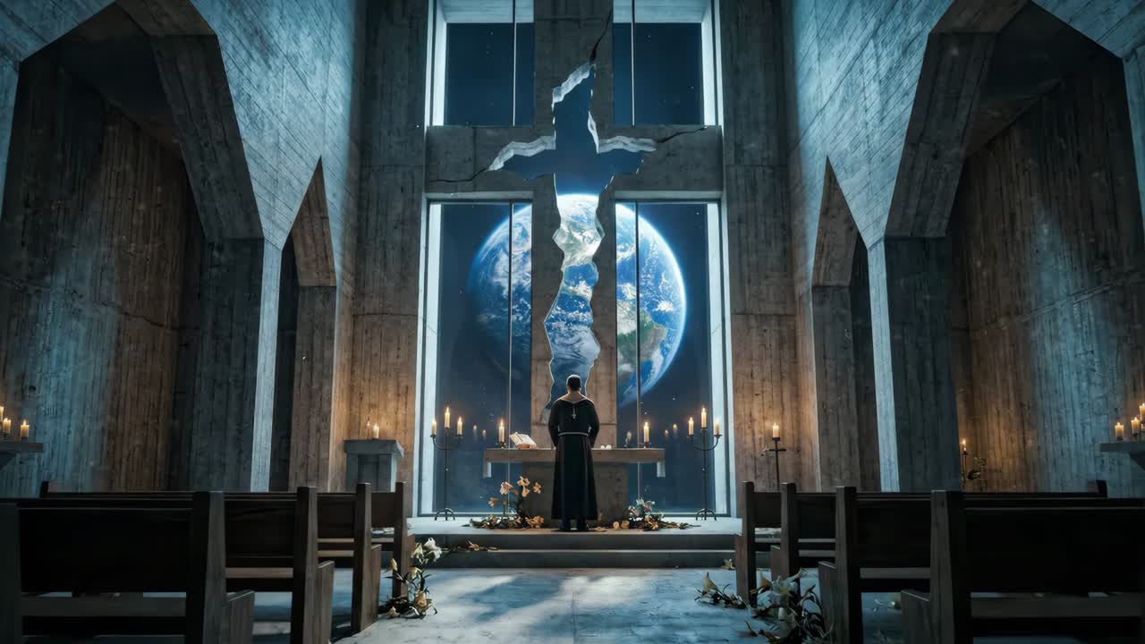 Monaco che prega in una chiesa futuristica con vista sulla Terra