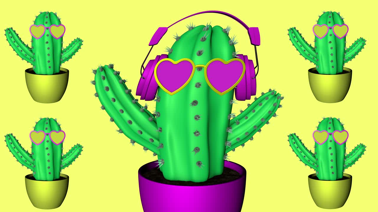 animación en 3d de cactus de lujo en fondo pastel. baile en bucle de caktus funky con auriculares y gafas de sol. concepto de arte pop minimalista.