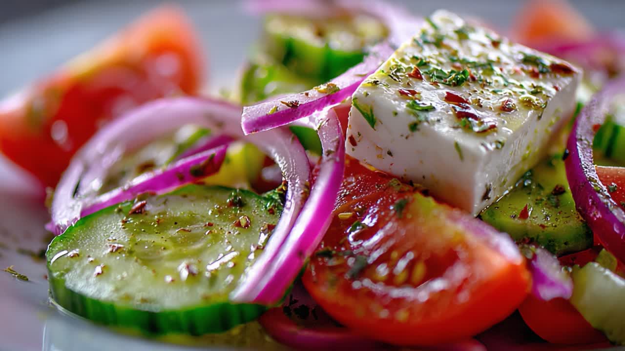 A Vibrant Mediterranean Salad Featuring Fresh Vegetables and Creamy Feta Cheese Garnished with Aromatic Herbs and Spices, Perfect for a Healthy Meal Option