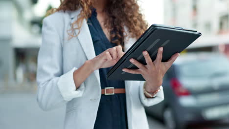 business woman, hands and outdoor on a tablet