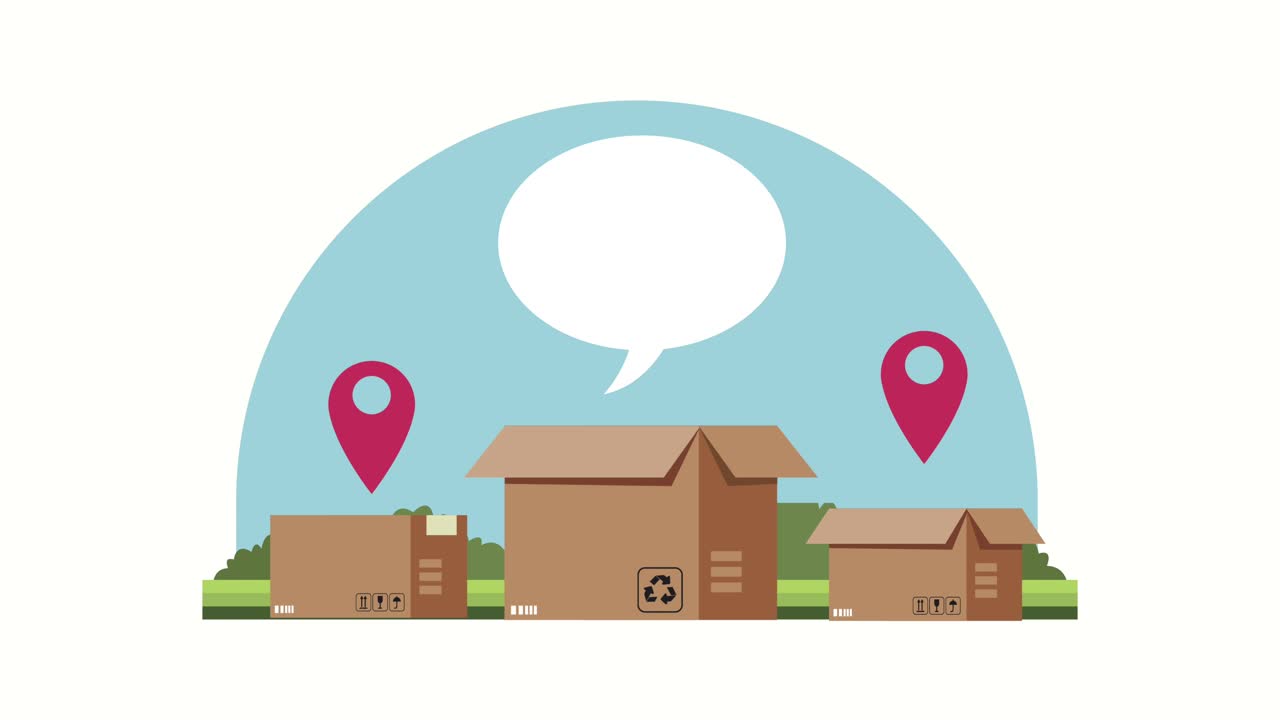 logistic service animation with boxes and speech bubble