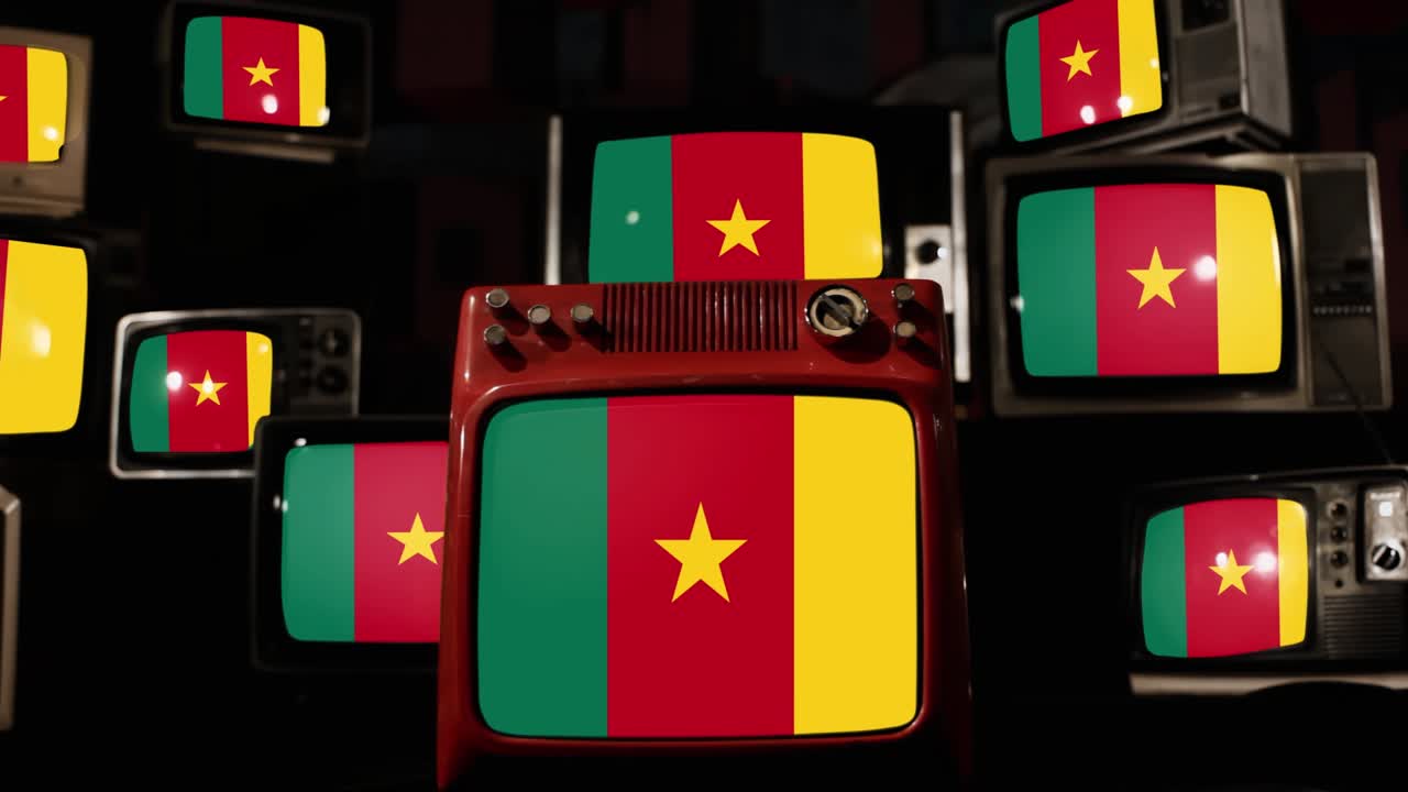 Flag of Cameroon and Vintage Televisions. 4K Resolution.