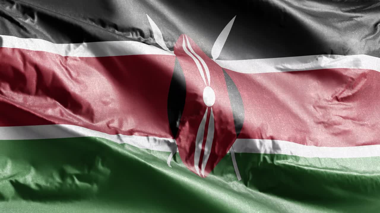 바람에 흔들리는 케냐의 섬유 발, 바람에 휘어지는 케냐의 발 (kenyan banner), 질의 섬유 조직 (fabric textile tissue), 완전한 채우기 배경 (full filling background), 10 초 루프 (10 seconds loop)