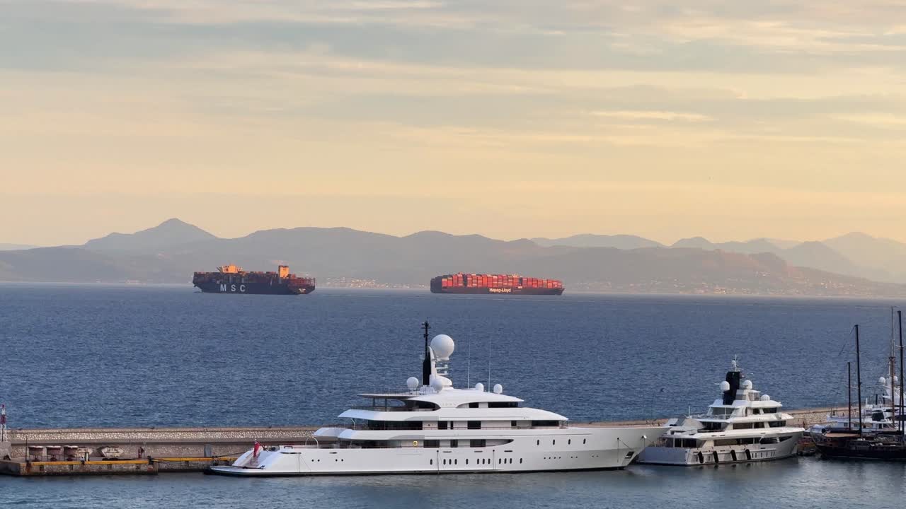 Industrial cargo transport boats, expensive yacht off Athens Greece coastline
