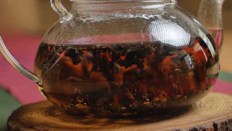 glass teapot with tea leaves