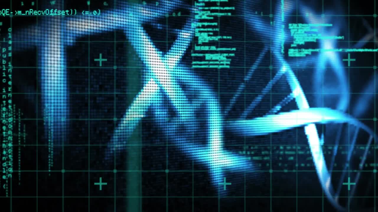 Animation of dna strand, computer circuit board and scientific data processing