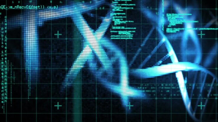 Animation of dna strand, computer circuit board and scientific data processing
