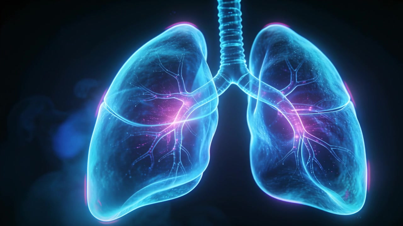 Polmoni e trachea ciano neon che iniziano a pulsare su uno sfondo scuro, mostrando il flusso d'aria attraverso i bronchi magenta.