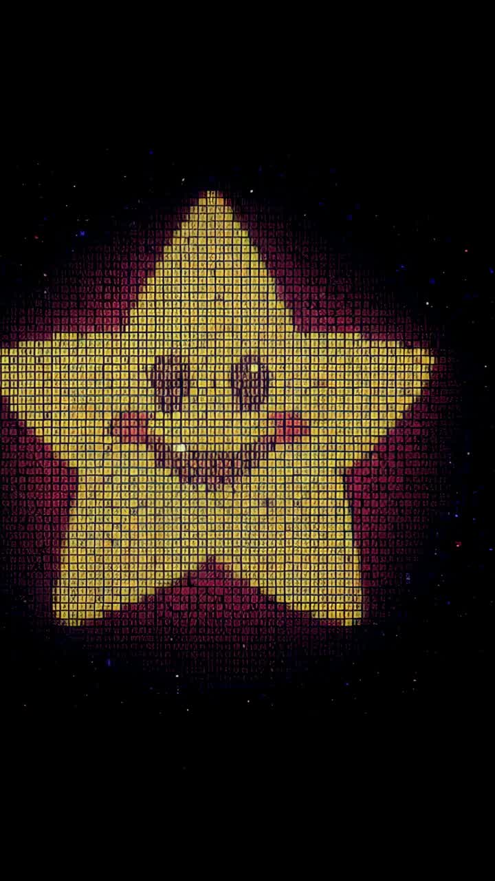Video verticale: stella sorridente a loop che pulsa nello spazio scuro con griglia a mosaico e bagliore viola