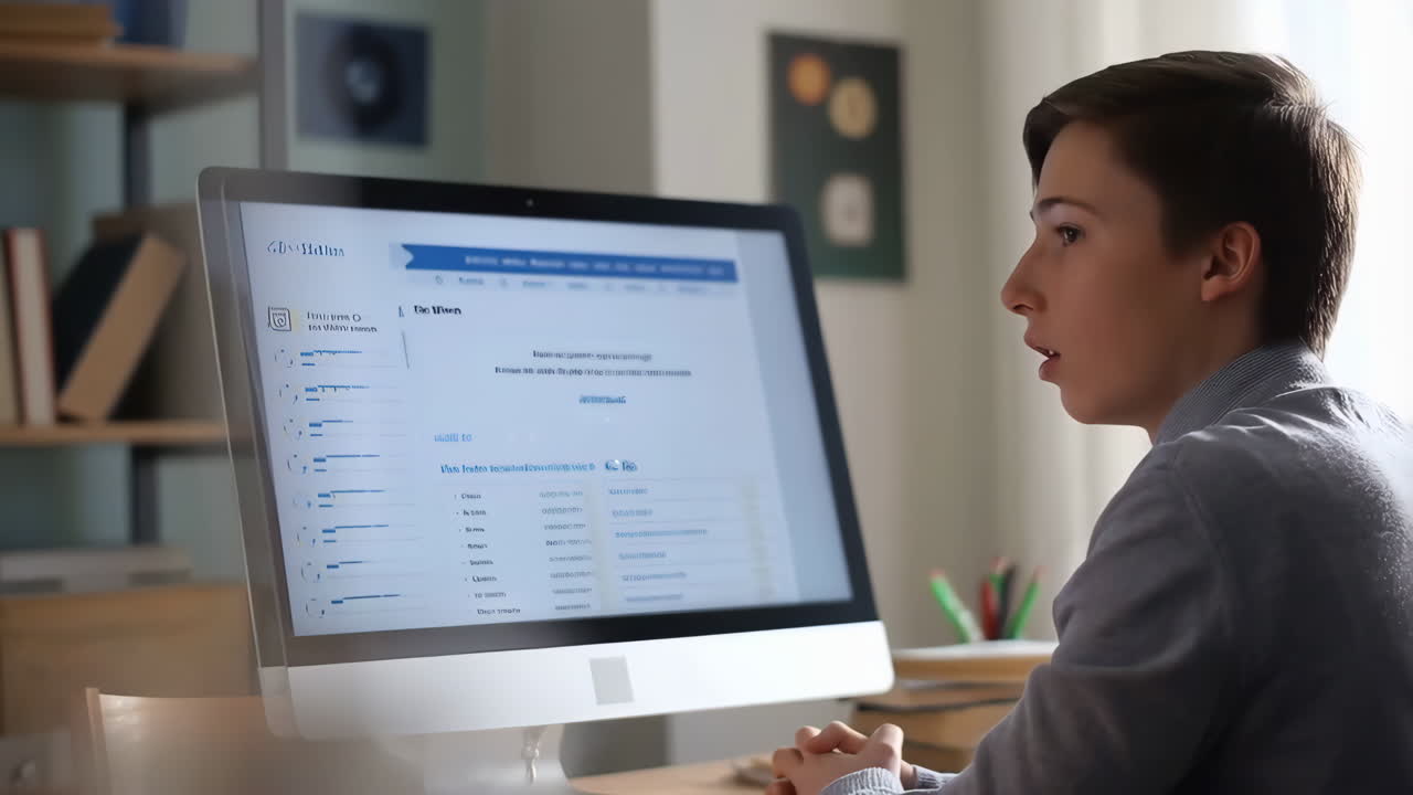 Young man focused on a computer screen at a desk