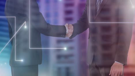 animation of network of glowing connections over businesswoman and businessman shaking hands