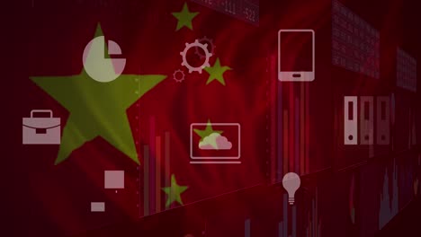 animation of financial data and graphs over technology icons and flag of china