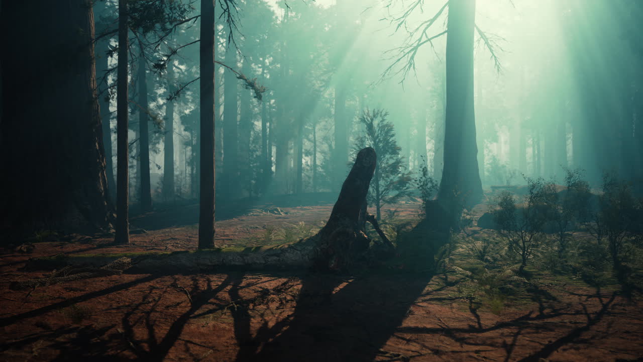 Enchanted Forest with Fog and Sunlight