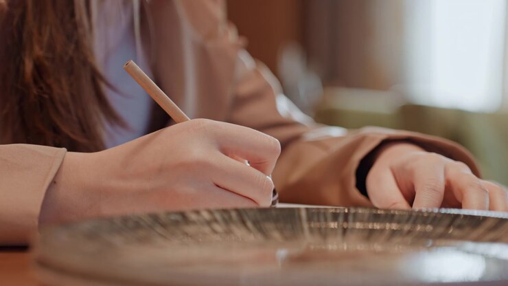 Primo piano di mani che scrivono su un tavolo di legno. Scena focalizzata su qualcuno che annota attentamente appunti personali. Momento intimo catturato di un individuo che riflette attraverso appunti scritti a mano su una scrivania accogliente