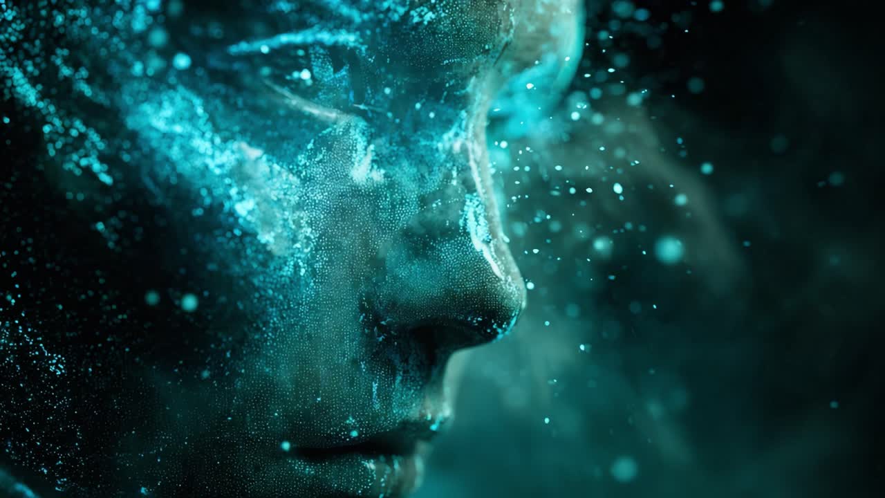 Mysterious face in profile covered with sparkling turquoise powder, illuminated against a dark, moody background, suggesting a connection to cosmic energy, dreams, or spirituality