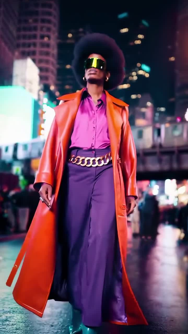 Video di moda futuristica con una ripresa dal basso, che mostra un vibrante stile street urbano.