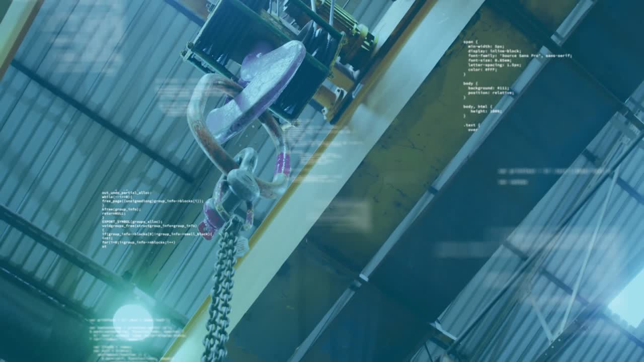Upon start overhead crane chain descending and revealing red hook while showing real-time data feed