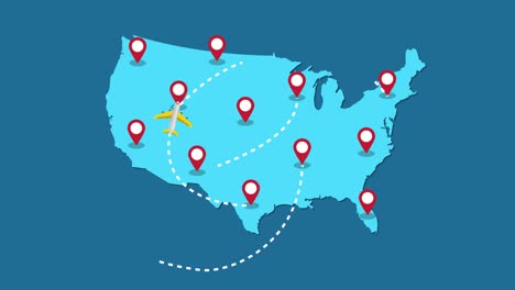 rutas de aviones que vuelan sobre estados unidos mapa, turismo y concepto de viaje, animación gráfica