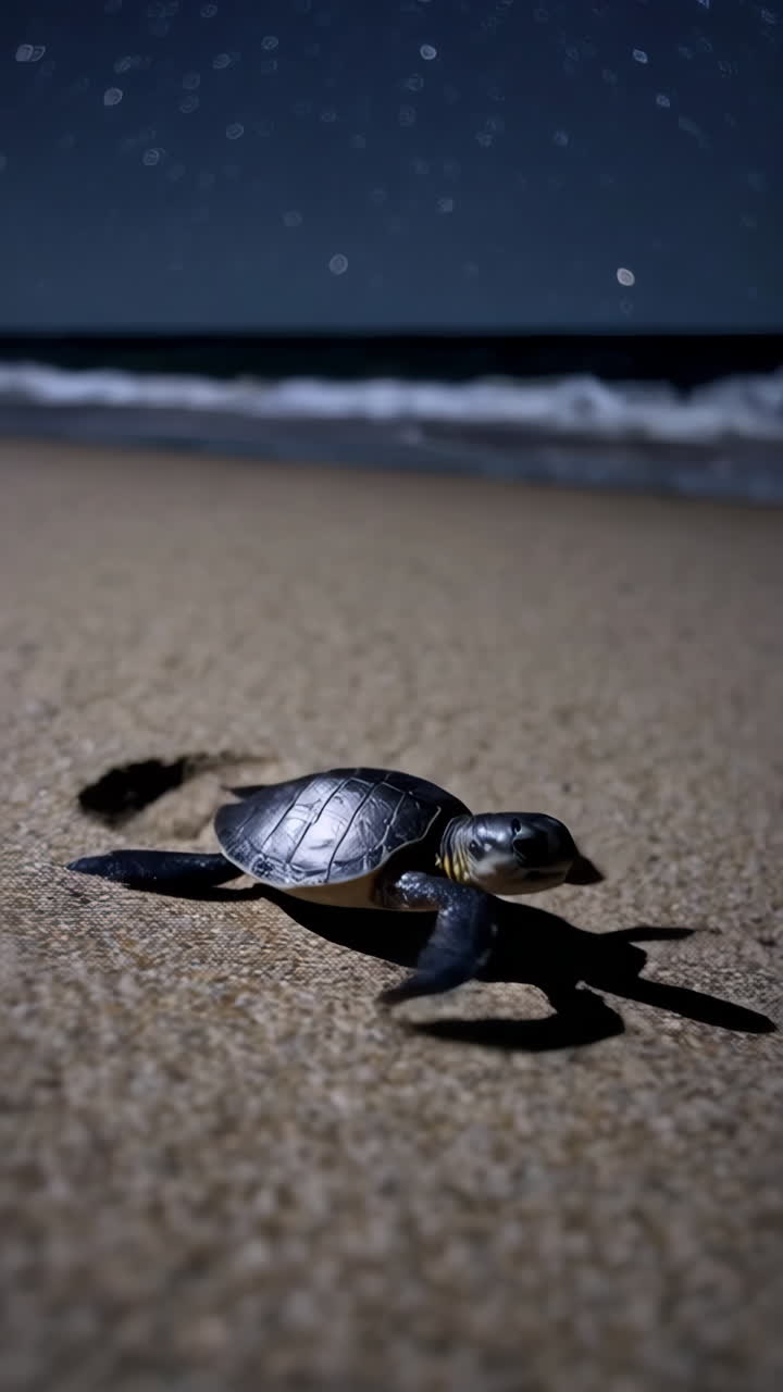 Baby Sea Turtle Crawling to the Ocean at Night