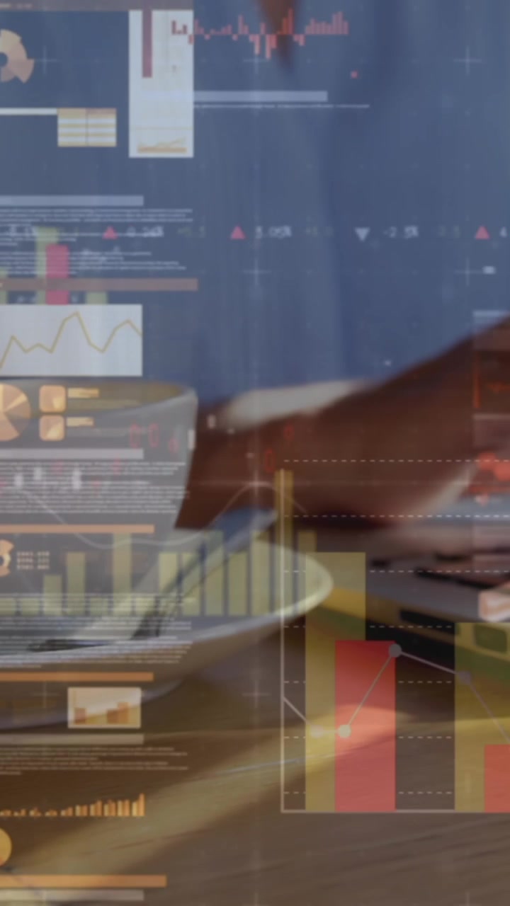 Animation of statistics and data processing over businesswoman using laptop
