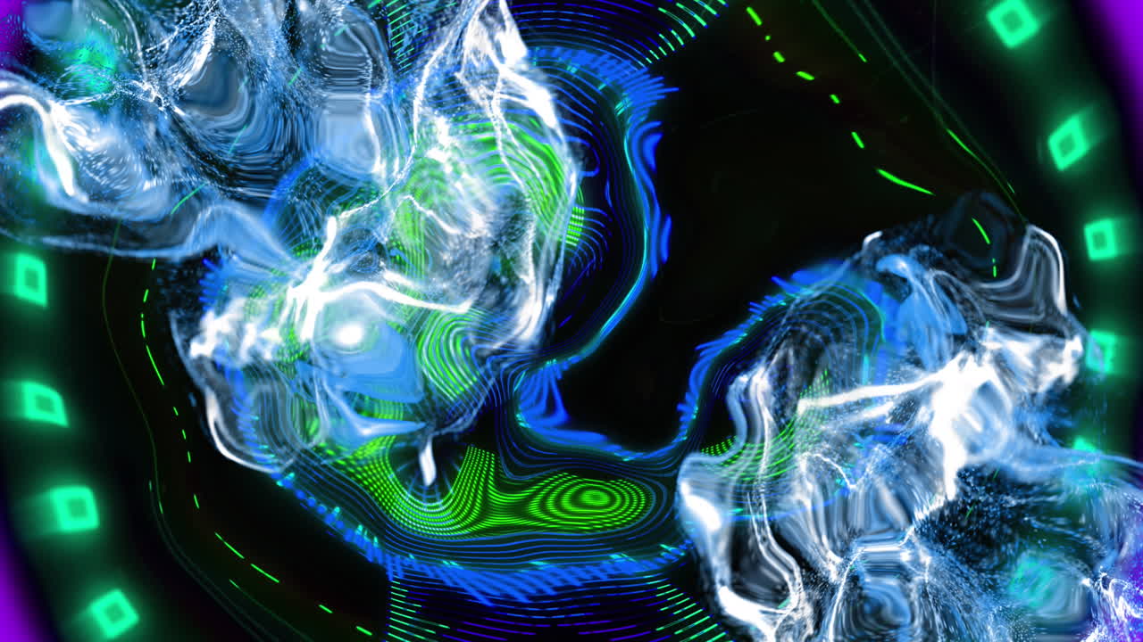 energía líquida blanca moviéndose sobre datos distorsionados luces de carga en fondo negro