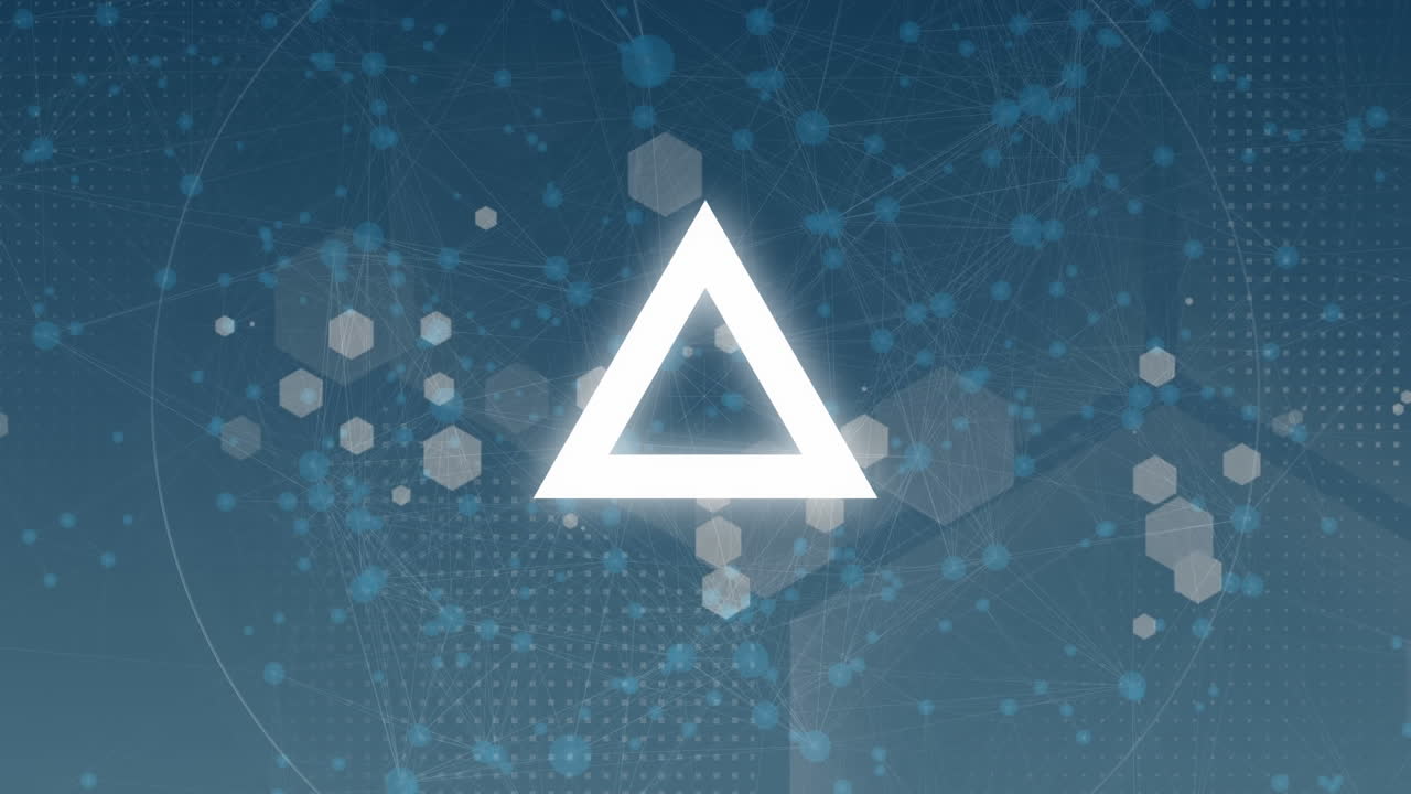 파란색 배경에 빛나는 반점 네트워크를 통해 범위 스캐닝과 삼각형의 애니메이션