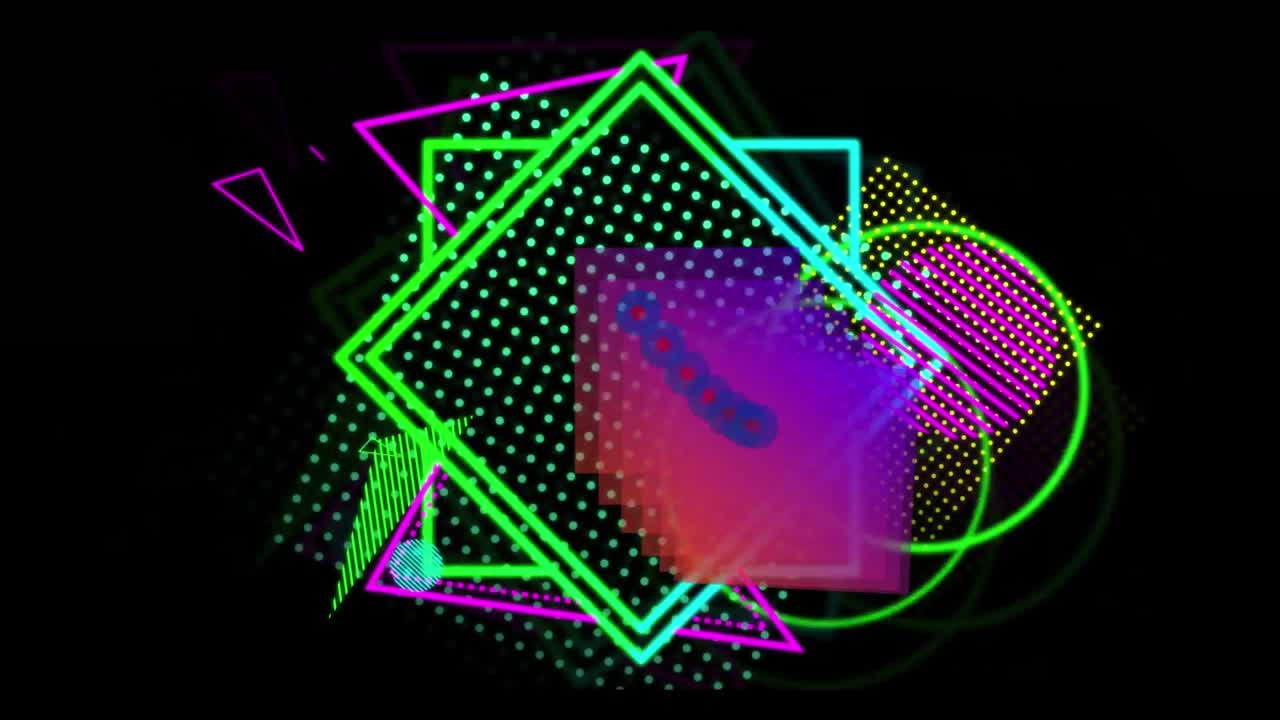 Forme neon multiple in movimento su sfondo nero