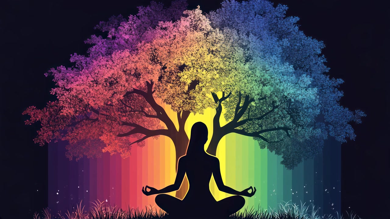Silhouette di persona che medita sotto un vibrante albero arcobaleno