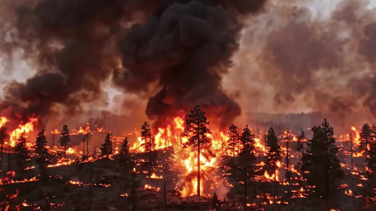 A dramatic display of nature's fury as wildfires engulf vast forests, showcasing a vivid landscape of flames, smoke, and destruction amidst the towering trees.