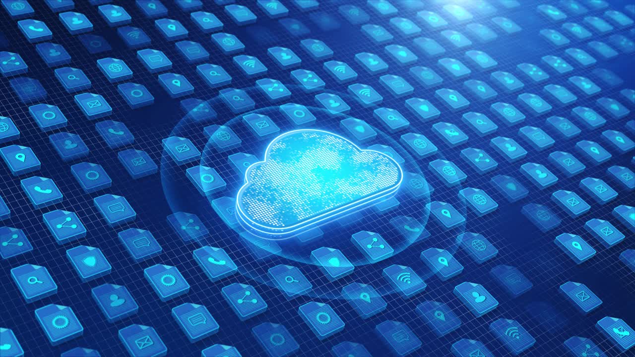 Mano umana clicca su un simbolo luminoso di cloud computing che fluttua su una griglia astratta di file di dati digitali