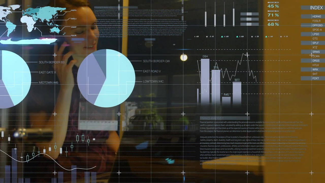 Animation of financial data processing over businesswoman