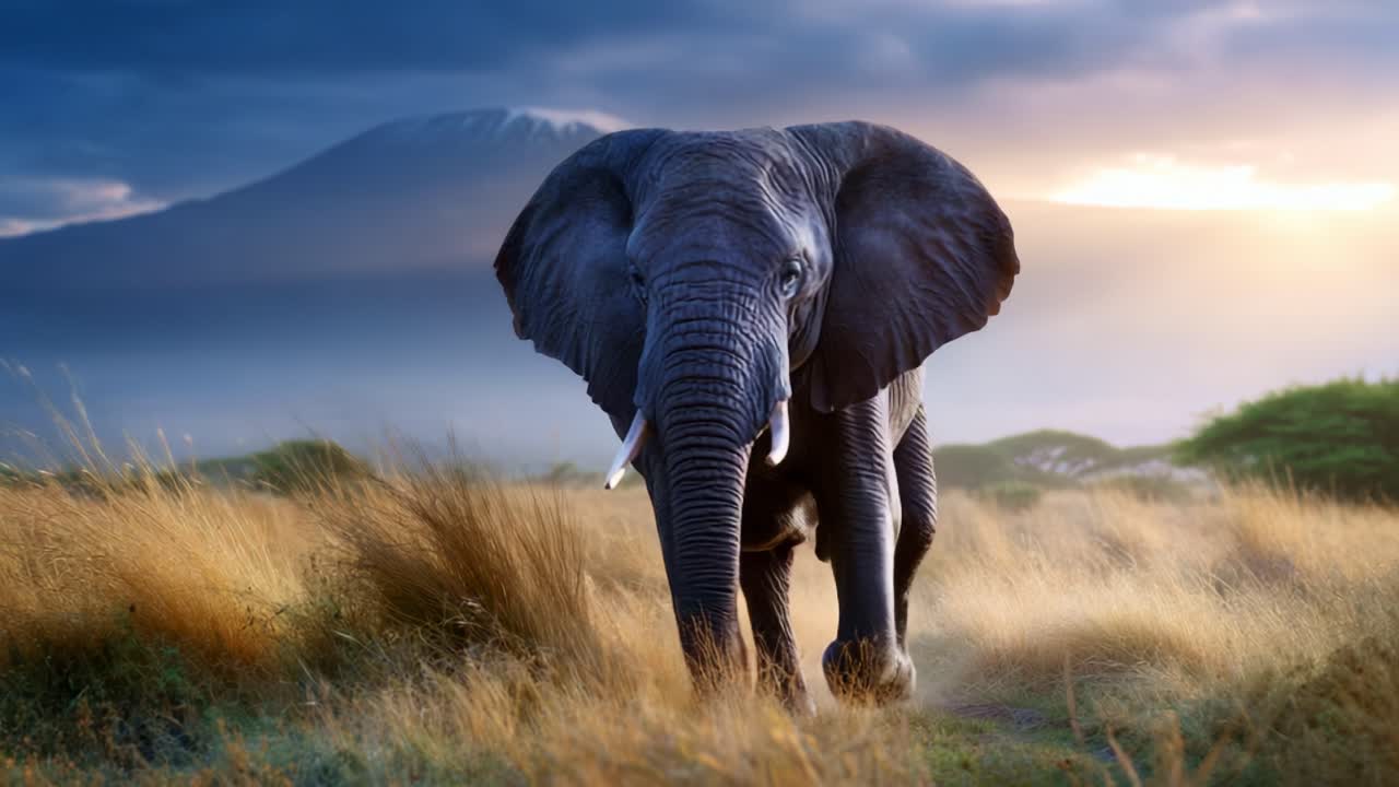 Majestætisk elefant vandrer over gyldne græsbevoksede sletter med bjerge i baggrunden under solnedgang