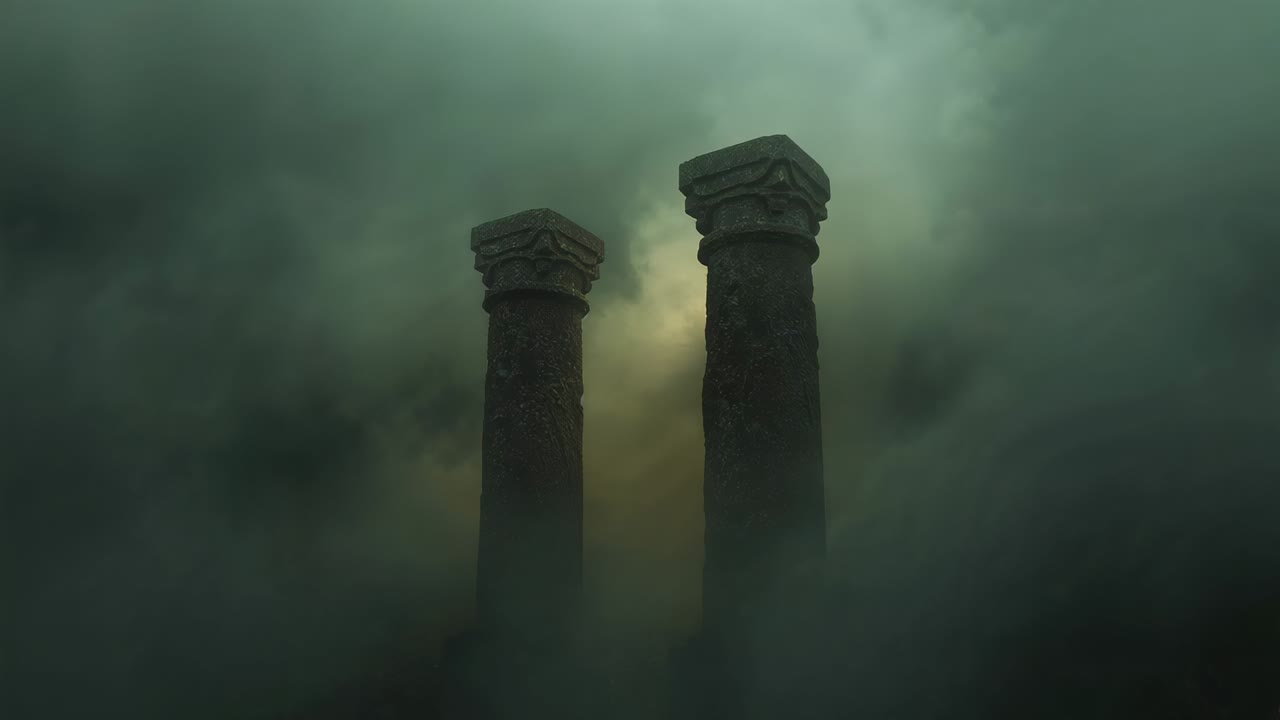 Sun breaking through clouds backlighting stone columns at ruins, revealing carved capitals and fog
