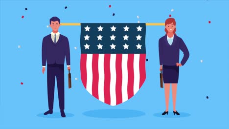 feliz celebración del día del trabajo con la bandera de los estados unidos en el escudo y los trabajadores