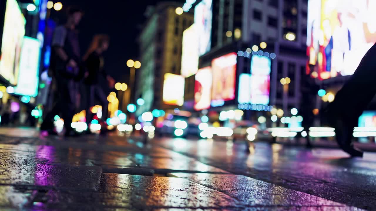 Low-angle video shot of a bustling city street at night, capturing blurred motion of pedestrians