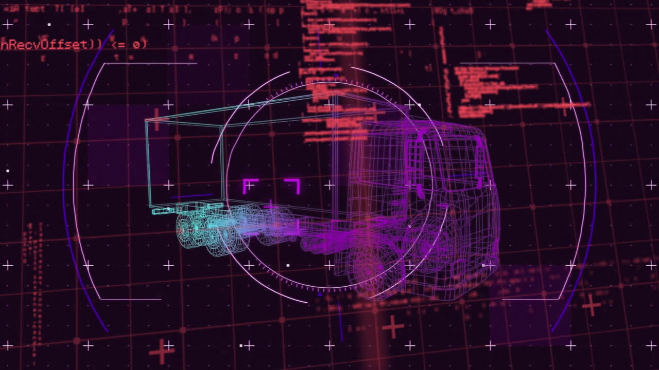 Animation of connections and data processing over 3d car drawing