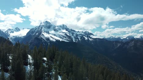 wide epic mountain panorama ascend at scenic schachen near bavaria elmau castle and snowy glacier peaks in the alps on a cloudy and sunny day along trees, rocks, forest and hills in nature