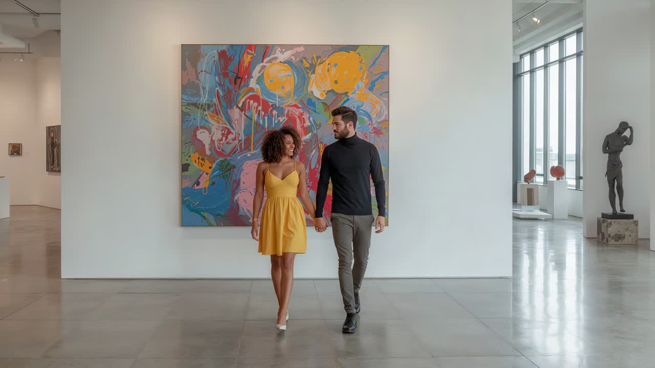 Walking couple holding hands in gallery spotting large painting, woman yellow dress, man black top