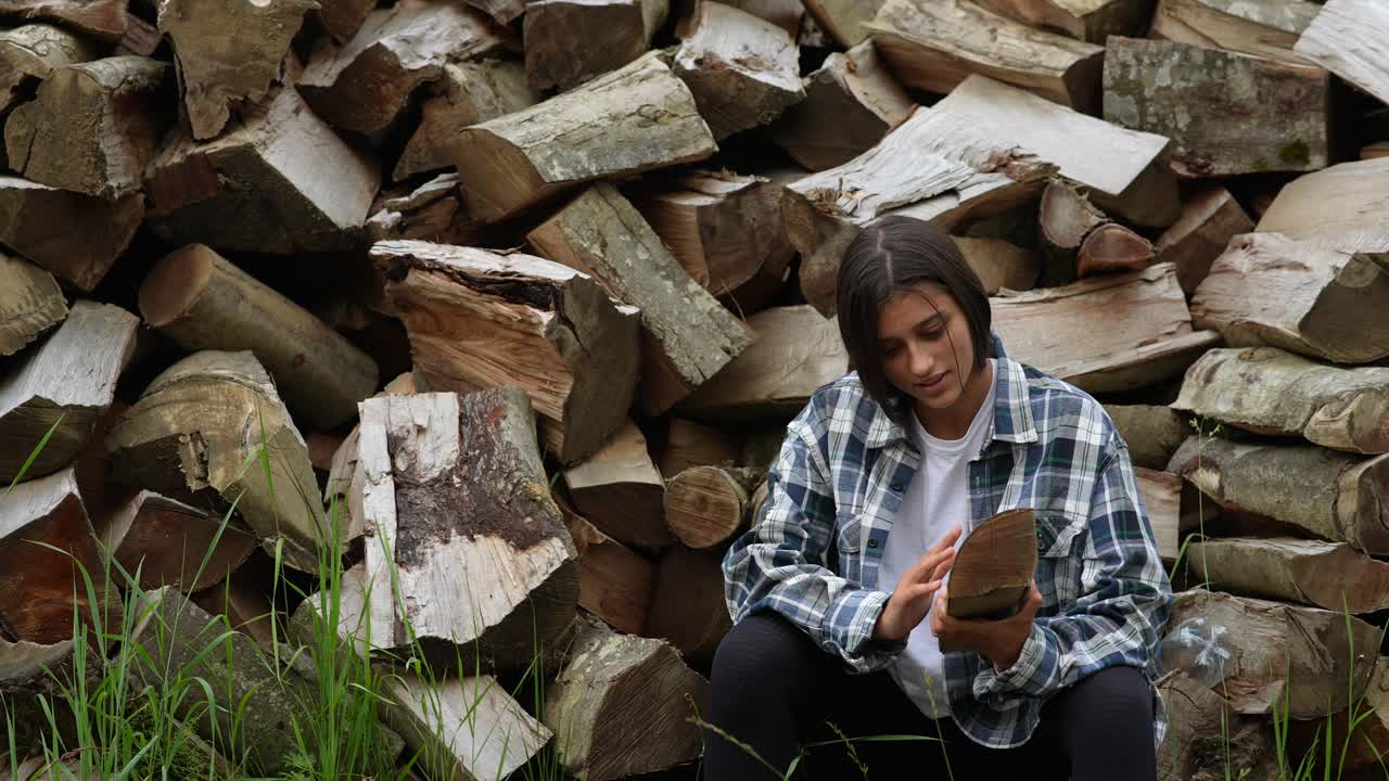 adolescente sentado entre una pila de leña