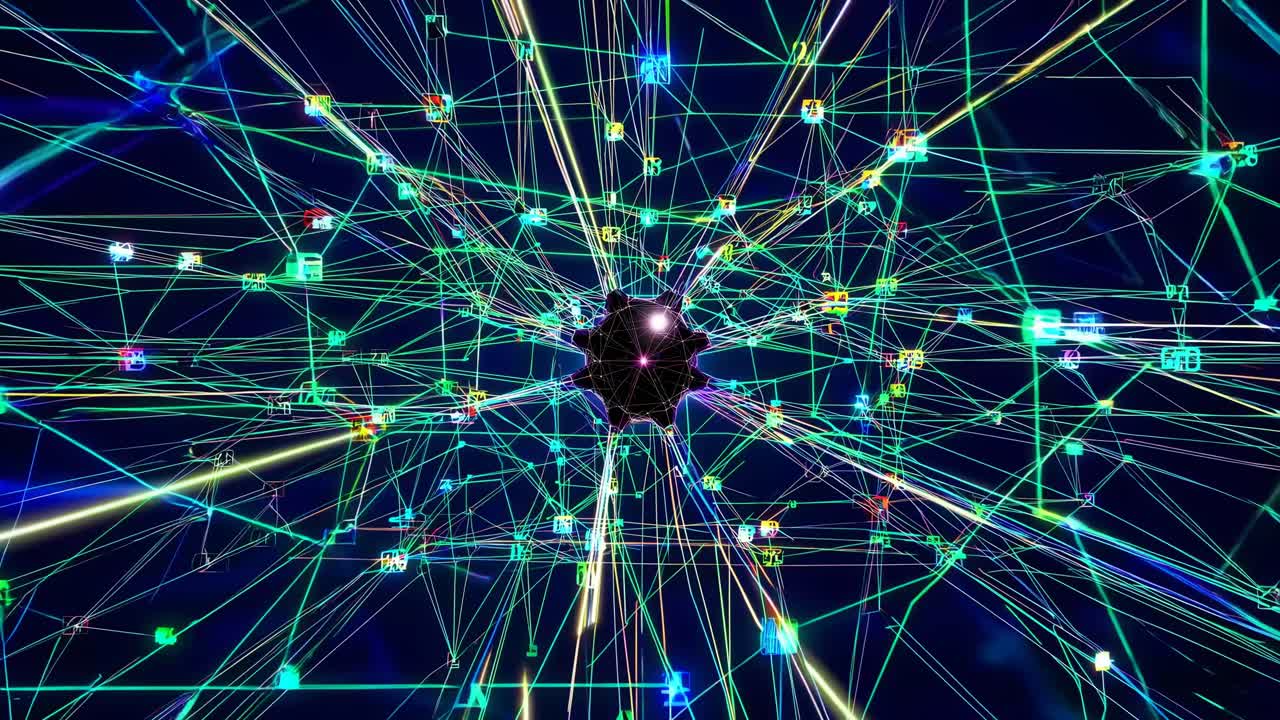Dynamic network of glowing lines and nodes, viewed from a central angle, creating a futuristic