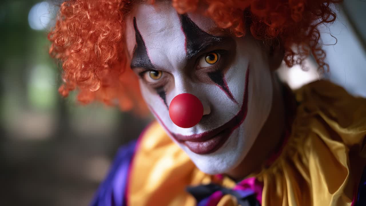Un primo piano di un clown sinistro con capelli arancione acceso, naso rosso brillante e sguardo intenso, che cattura l'inquietante essenza di un personaggio misterioso nel bosco