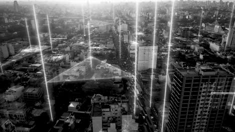 paisaje urbano en blanco y negro con holograma de líneas digitales conectadas en buenos aires - edificios aéreos elevados y rascacielos en el centro de la ciudad - desarrollo de la época antigua a la moderna - 4k uhd